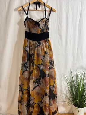 Floral Halter Maxi Dress in Mustard and Black